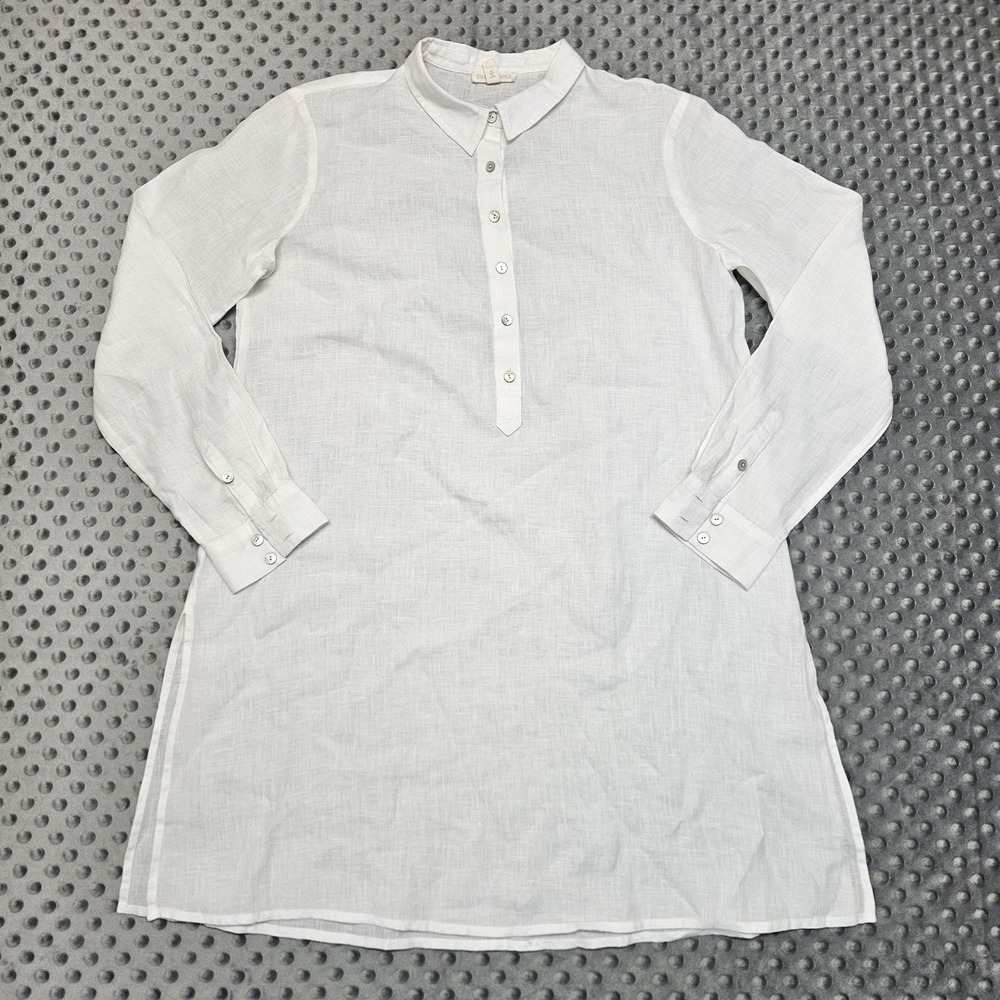 Eileen Fisher Organic Linen Long Sleeve White Tunic‎ Top Size XS